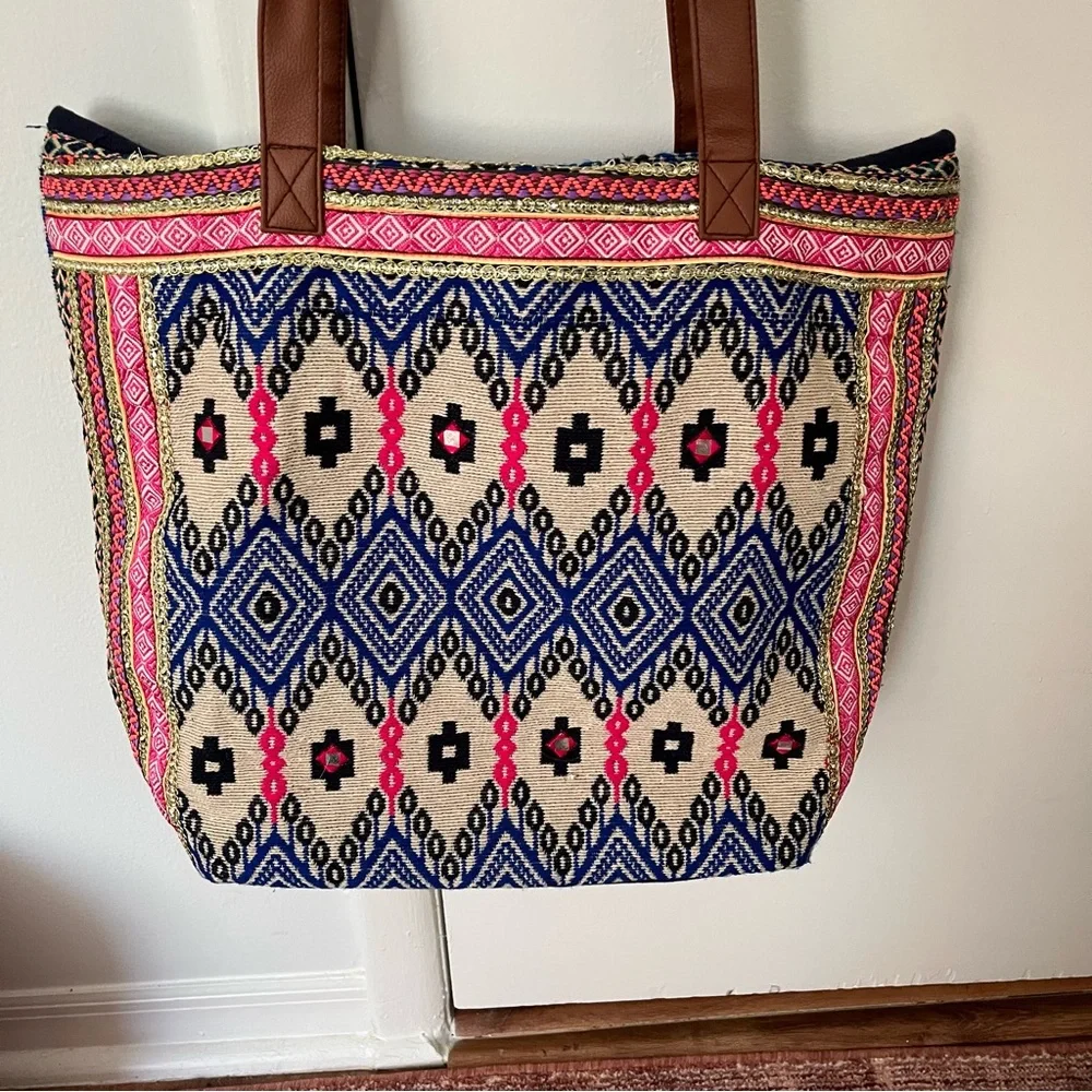 Boho Woven Tote Bag with Brown Handles - Navy, Pink & Cream